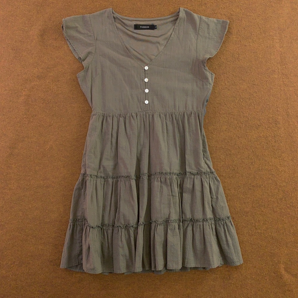 Fashion Womens Small Olive Green Tiered Flutter Sleeve V-Neck Mini Dress